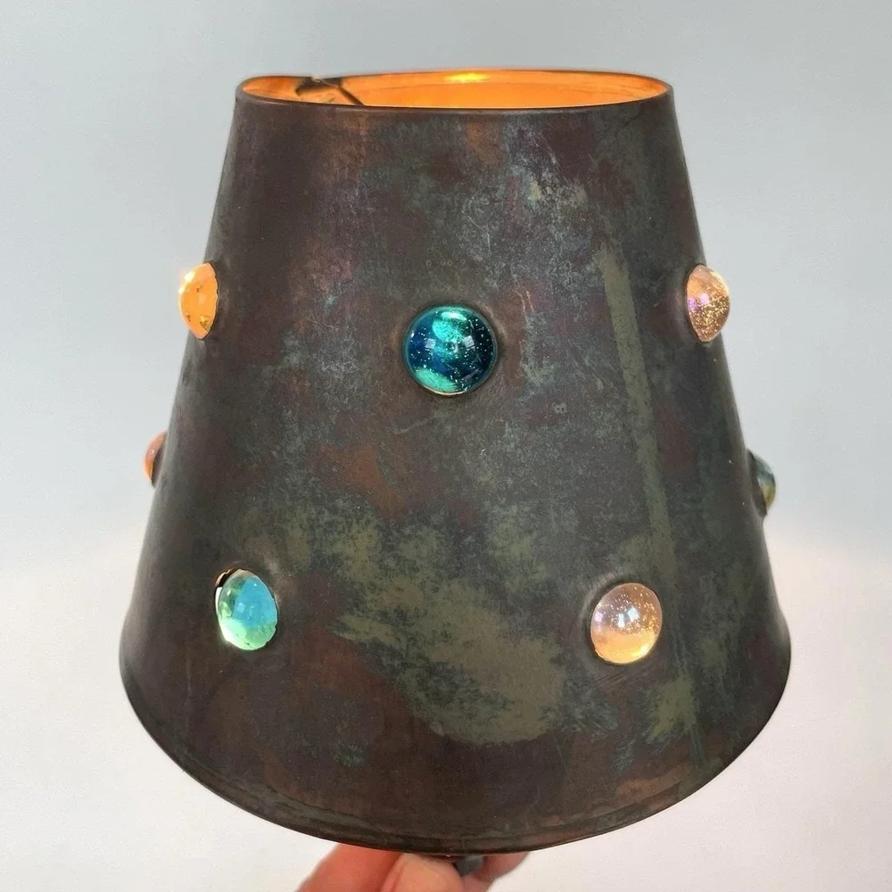 Vintage Mexican Brutalist Copper Clip-On Lampshade Glass Cabochons 4